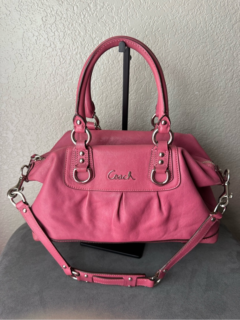 Coach Pink Leather Satchel Shoulder Bag Silver Hardware Crossbody Strap